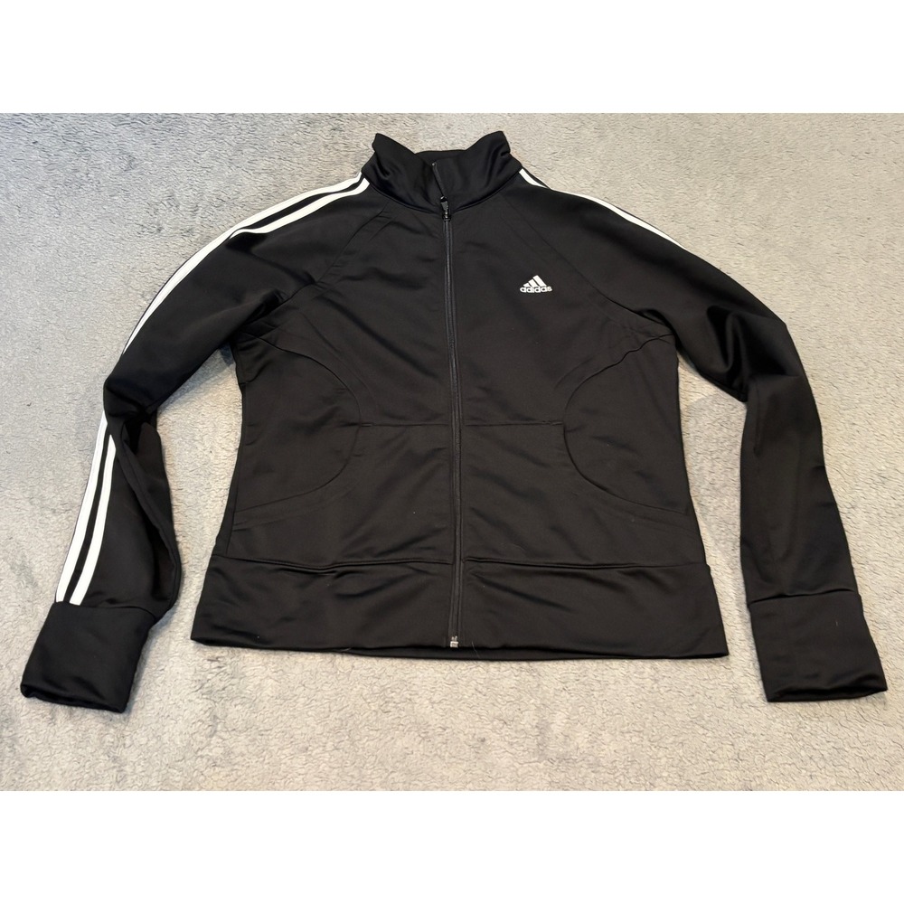 Adidas Womens Track Jacket Black Full Zip 3 Stripe Mock Neck Medium RN 88387